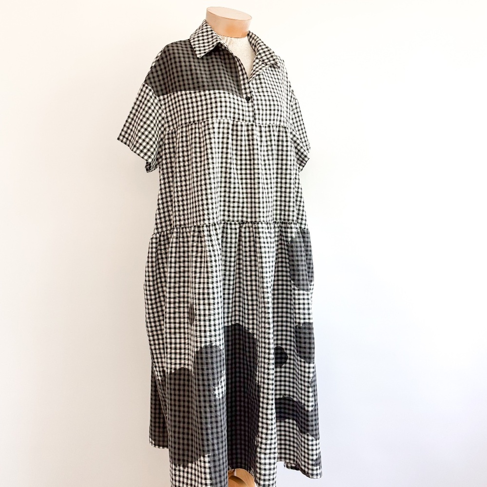 INTENTIONALLY BLANK Black White Plaid Ink Splotch Lagenlook MuuMuu Dress O/S EUC